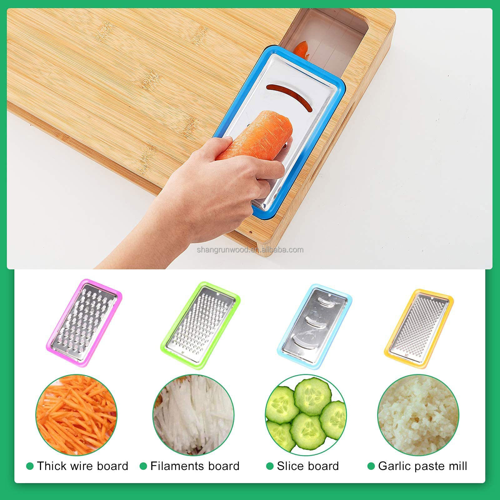 Bamboo Cutting Board Food Prep Deck Large Chopping Cutting Boards With Containers 4 Trays/Storage With Lids & 4 Graters