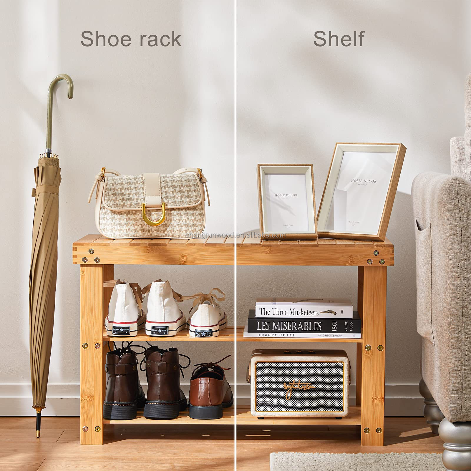 Cabinet Bamboo Shoe Rack Bench With 2 Tiers Shelves Display Storage And Organizer For Bedroom, Entryway, Hallway