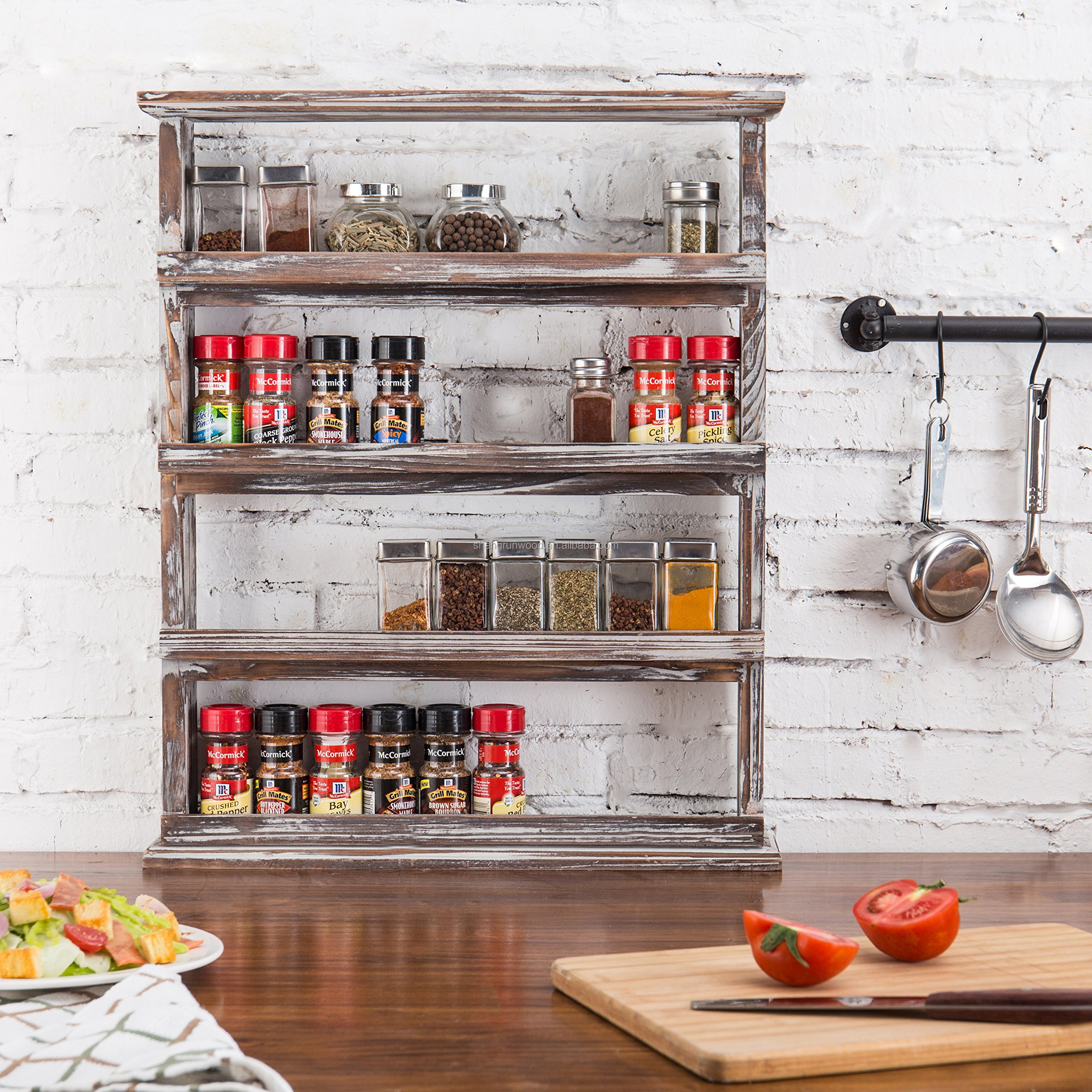 Wooden Spice Rack Organizer Wall Mount Spice Rack Organizer Kitchen Drawer 4 Tier Seasoning Jar Shelves Pantry Organizer