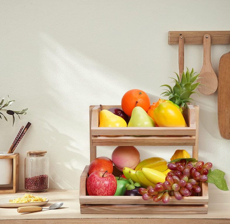 2 Tier Bamboo Kitchen Basket Bread Storage Stand Countertop Basket Bowl Holder Tray Wooden Fruit And Vegetable Storage Rack