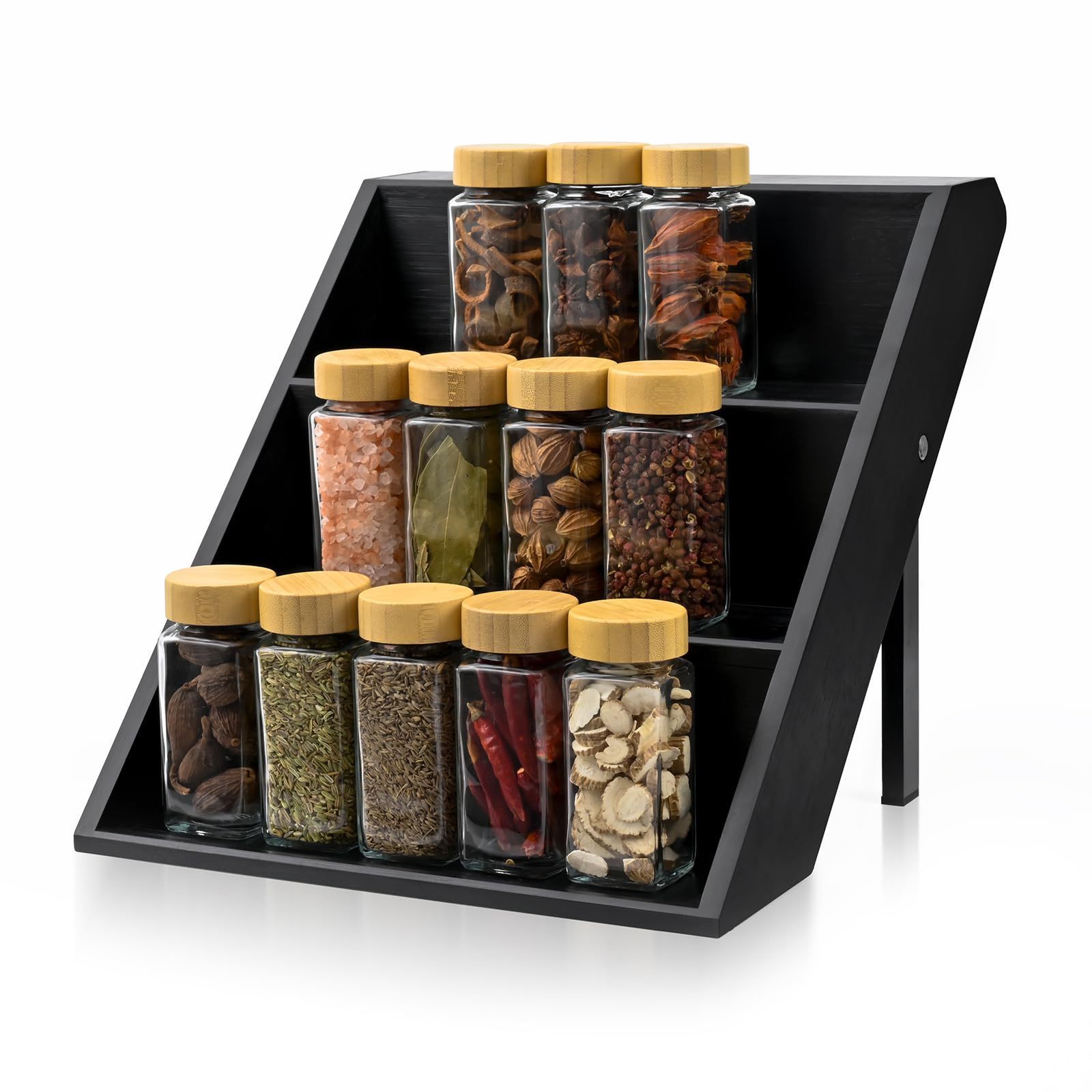 Bamboo Spice Rack Organizer Black Kitchen Drawer Organizer Shelf with Anti-Slip Pads for Food Storage