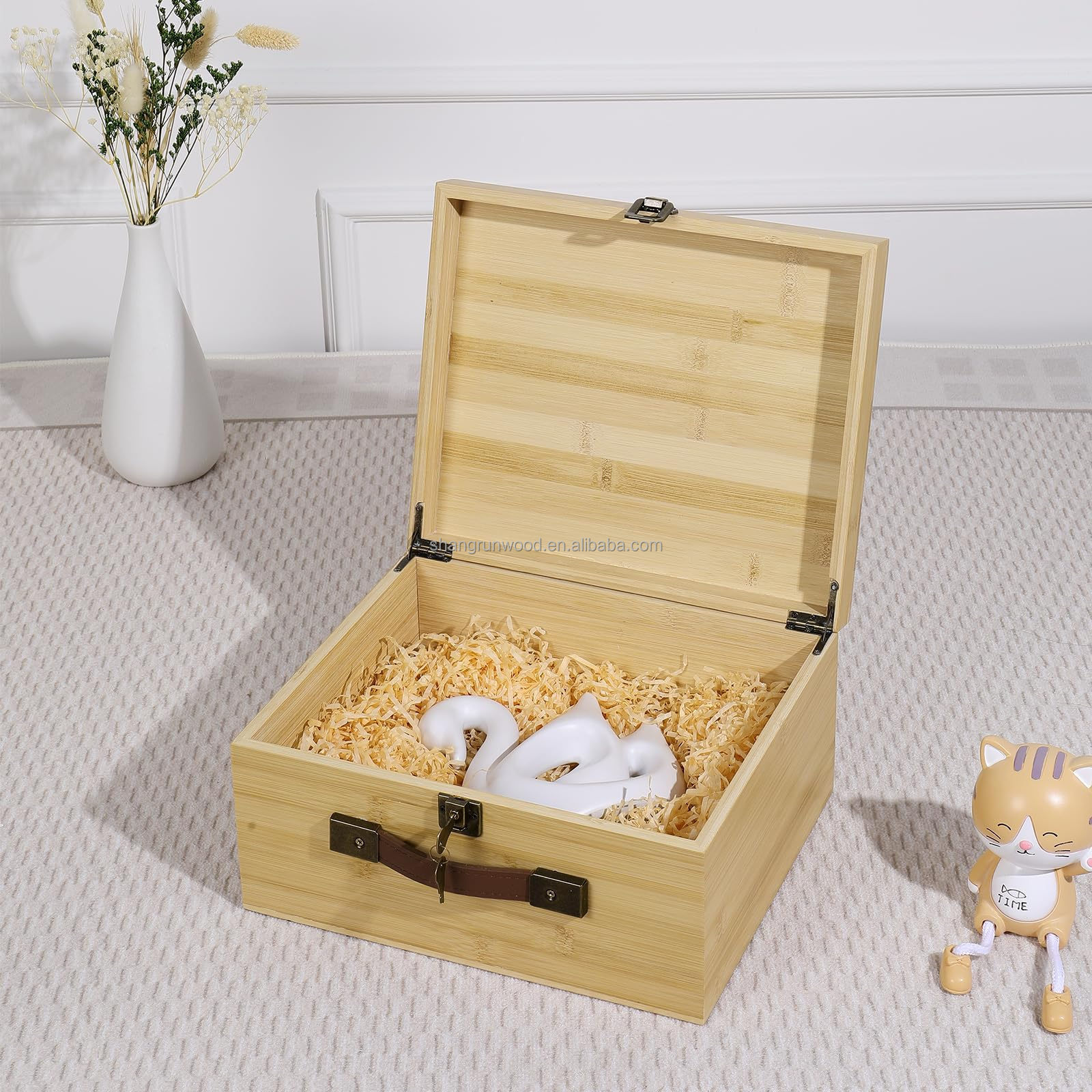 Large Bamboo Wooden Gift Box Craft Supplies Wood 10x9 Art Wooden Boxes With Lock Keys Hinged Lid Pu Leather Handles Lidded