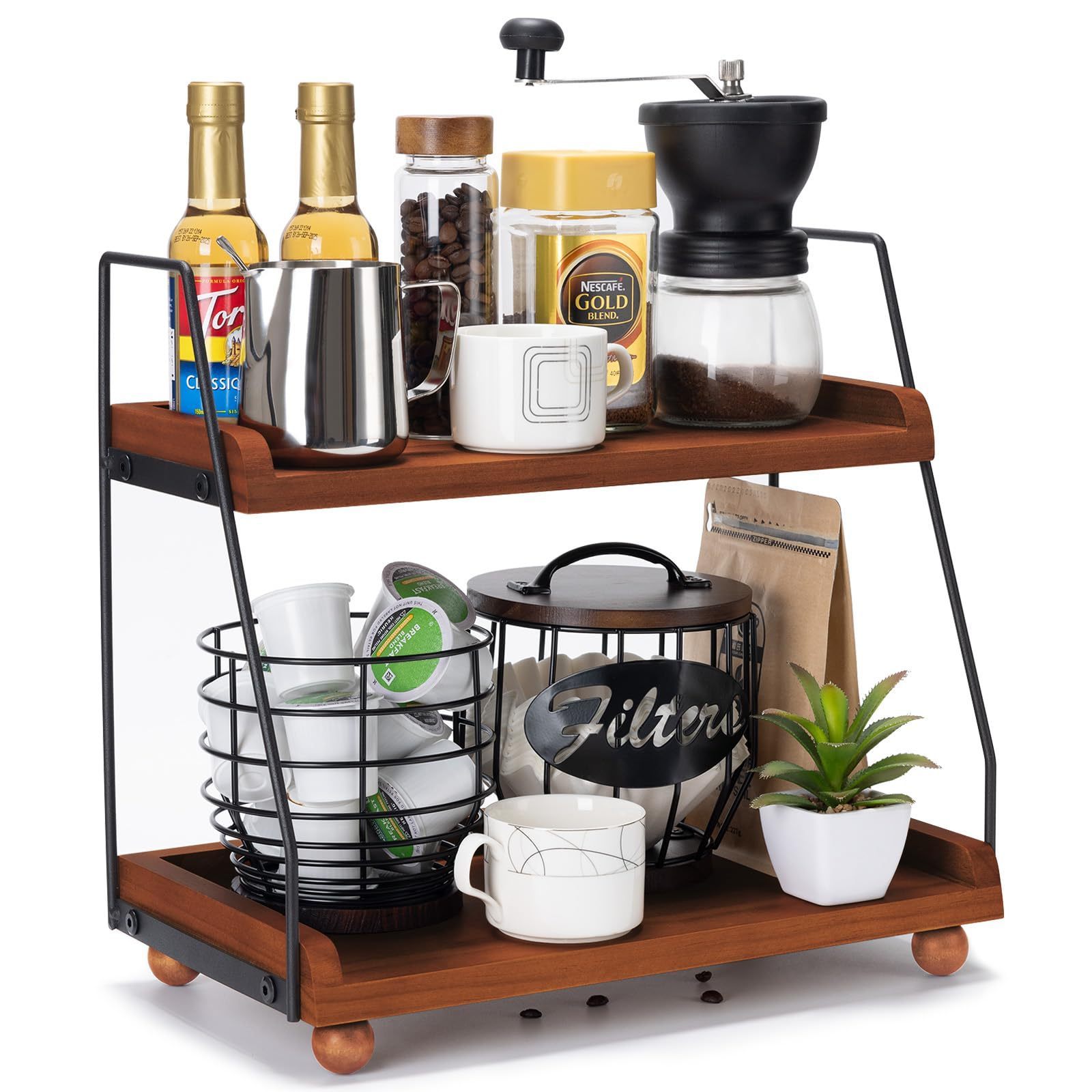 2 Tier Coffee Bar Accessories And Organizer Shelf Wooden Coffee Station Organizer For Countertop Coffee Bar Decor