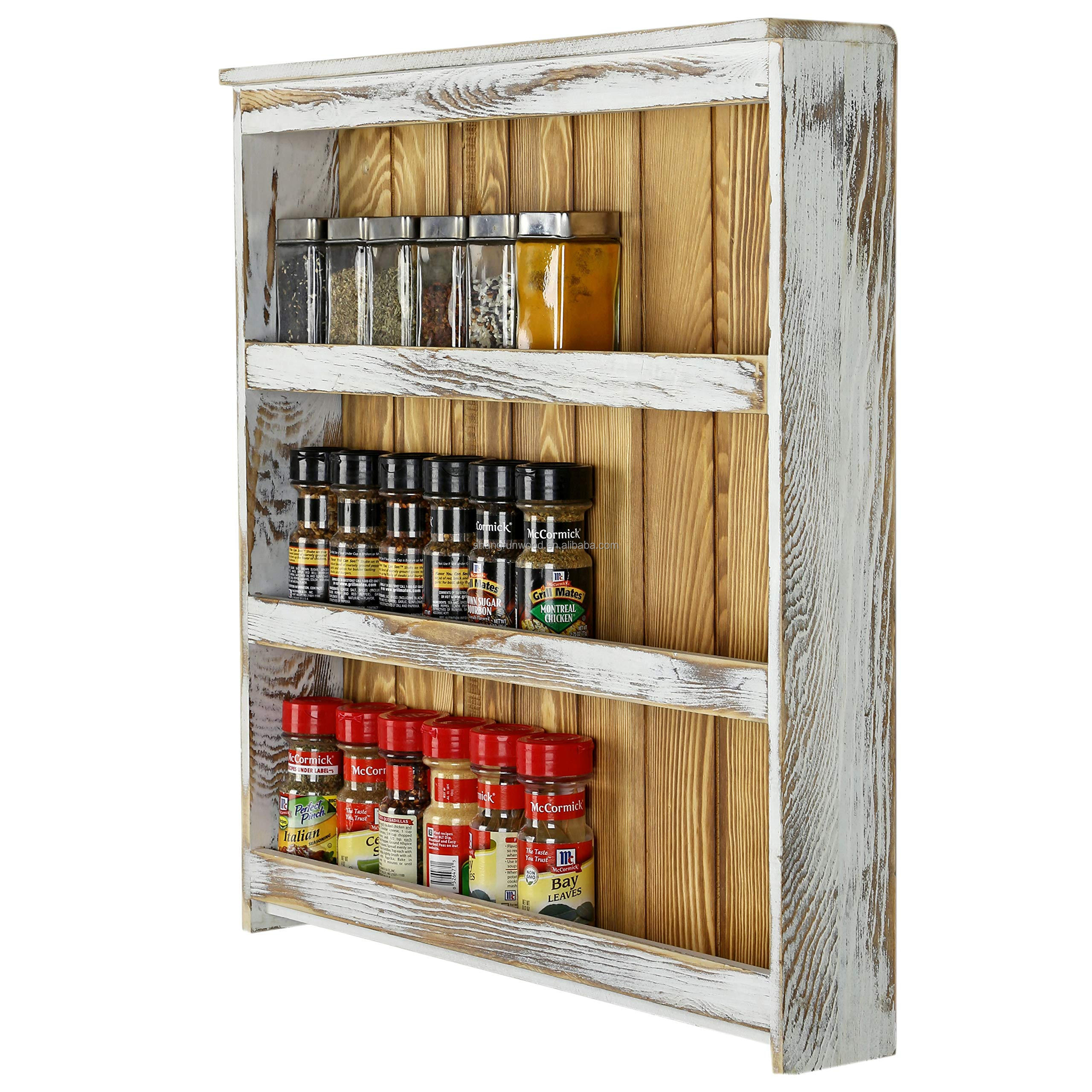 Wholesale Wall Mounted Kitchen Organizer Spice Shelf Hanging Wall Mount 3 Tier Rustic Whitewashed Wood Spice Rack Organizer