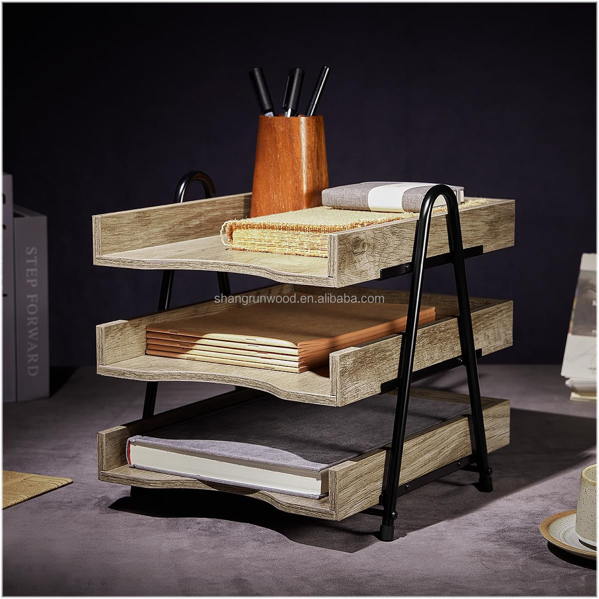 Rustic 3-Tier Wood Paper Tray Documents Workspace Organizer Wood Metal Jewelry Storage Drawers Desk Office Organizer