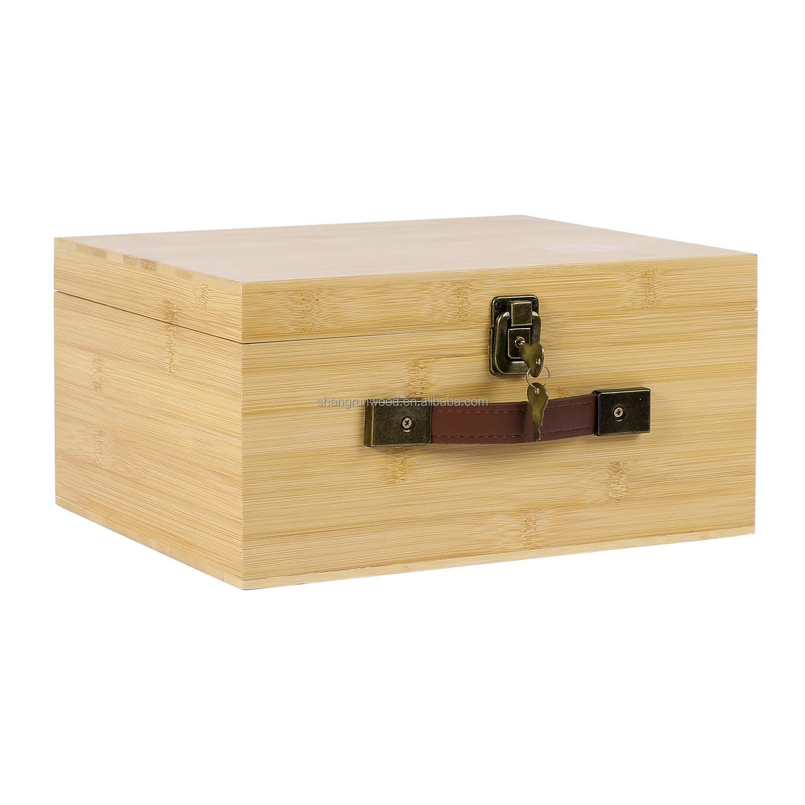 Large Bamboo Wooden Gift Box Craft Supplies Wood 10x9 Art Wooden Boxes With Lock Keys Hinged Lid Pu Leather Handles Lidded