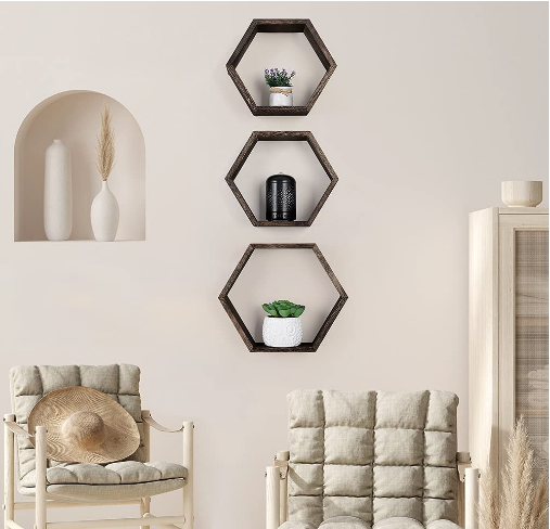 Hexagon Wall Decor Floating Shelves 3-Pack Decorative Wood Wall Shelf Set Screws And Anchors Included Pine Wood Geometric Shelf