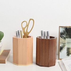 Office Bamboo Multifunction Kid Desk Organizer Steel Pen Wooden Pen Holder Shipping Container Desktop Organizer