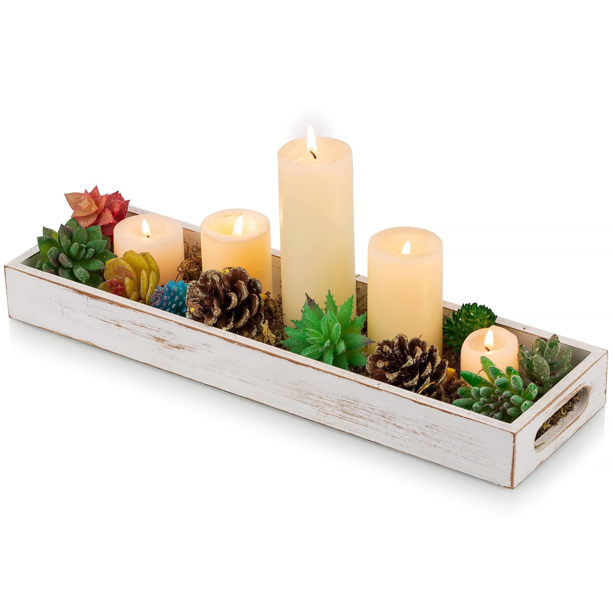 Rustic Long Narrow Centerpiece Farmhouse Wood Candle Holder Trays With Cutout Handles Wood Tray For Decor