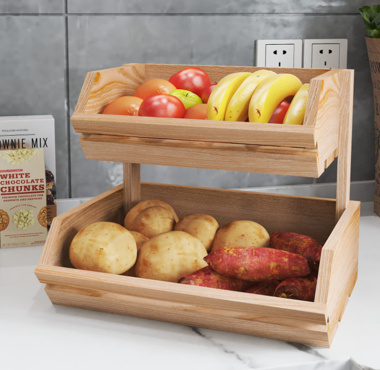 2 Tier Bamboo Kitchen Basket Bread Storage Stand Countertop Basket Bowl Holder Tray Wooden Fruit And Vegetable Storage Rack