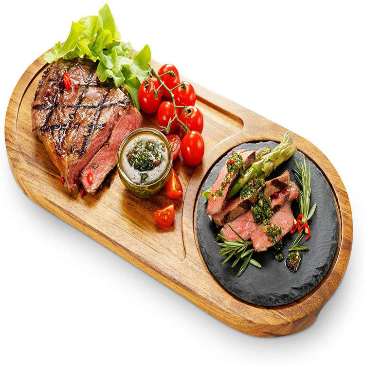 Wholesale Kitchen Tabletop Large End Grain Chopping Block Acacia Wood Cutting Board Steak Board With Heat Preservation Stone