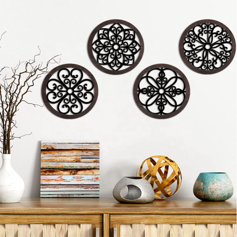 4 Pieces Wooden Thicken Rustic Circular Hollow Art Decor Mandala Living Room Wall Decor Wooden Wall Accents Decor