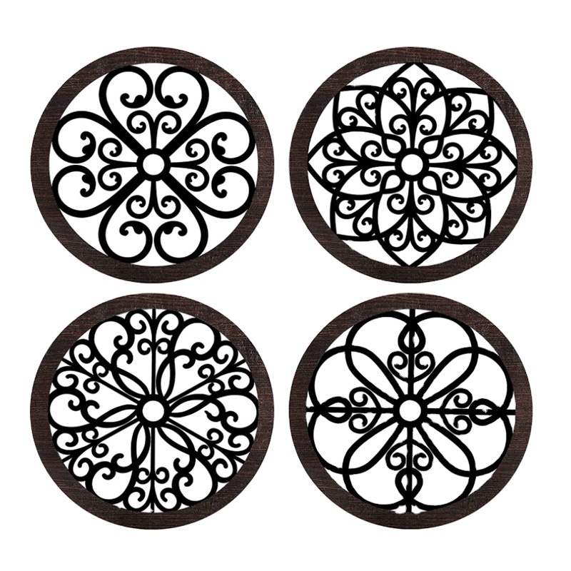 4 Pieces Wooden Thicken Rustic Circular Hollow Art Decor Mandala Living Room Wall Decor Wooden Wall Accents Decor