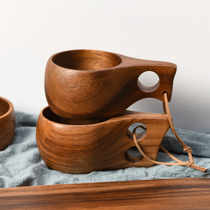 New Style Natural Finland Portable Tea Milk Cup Wood Handle Tea Cup Vintage Wood Grain Big Belly Wooden Coffee Tea Cup