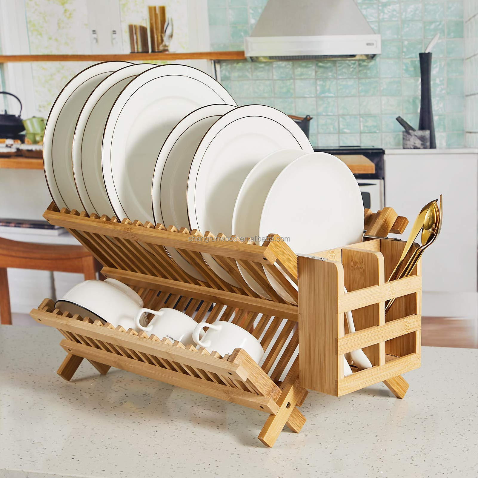 Kitchen Tableware Storage Rack Holder Storage Gadgets Tool Rack Stand Collapsible Small Dish Rack With Utensil Holder