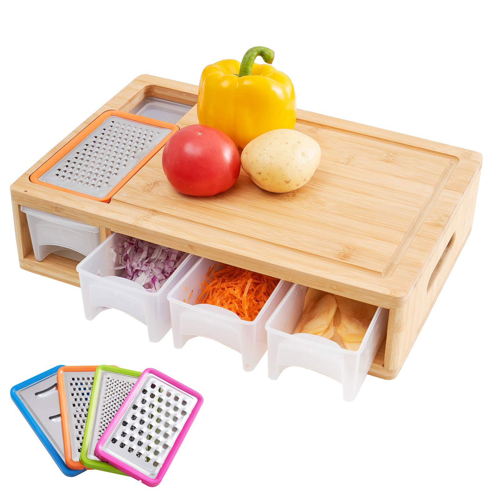 Bamboo Cutting Board Food Prep Deck Large Chopping Cutting Boards With Containers 4 Trays/Storage With Lids & 4 Graters