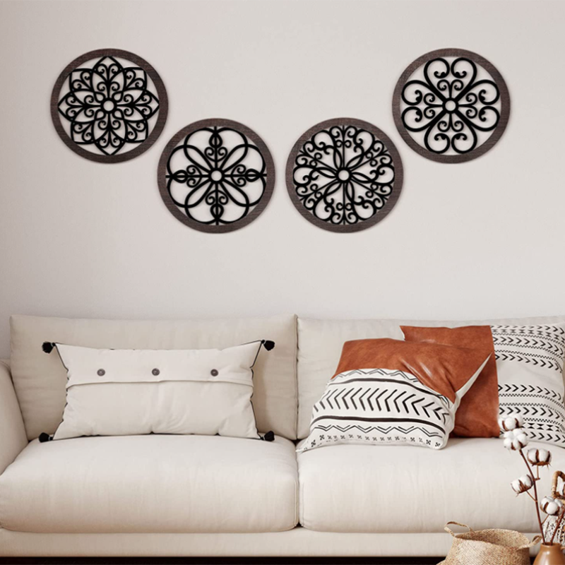 4 Pieces Wooden Thicken Rustic Circular Hollow Art Decor Mandala Living Room Wall Decor Wooden Wall Accents Decor