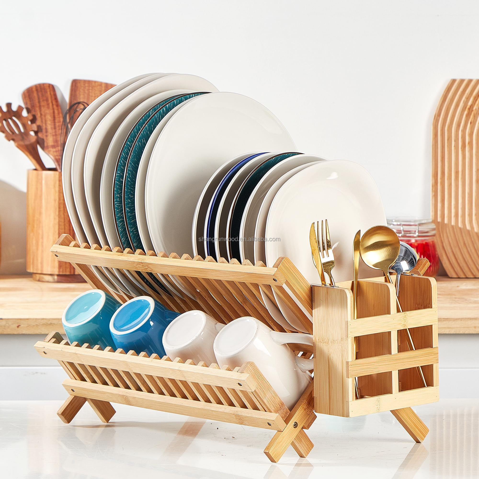 Kitchen Tableware Storage Rack Holder Storage Gadgets Tool Rack Stand Collapsible Small Dish Rack With Utensil Holder