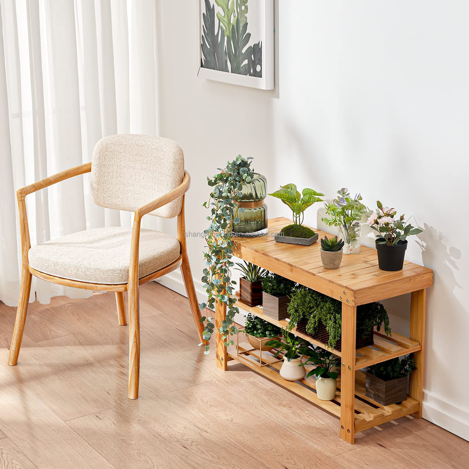 Cabinet Bamboo Shoe Rack Bench With 2 Tiers Shelves Display Storage And Organizer For Bedroom, Entryway, Hallway