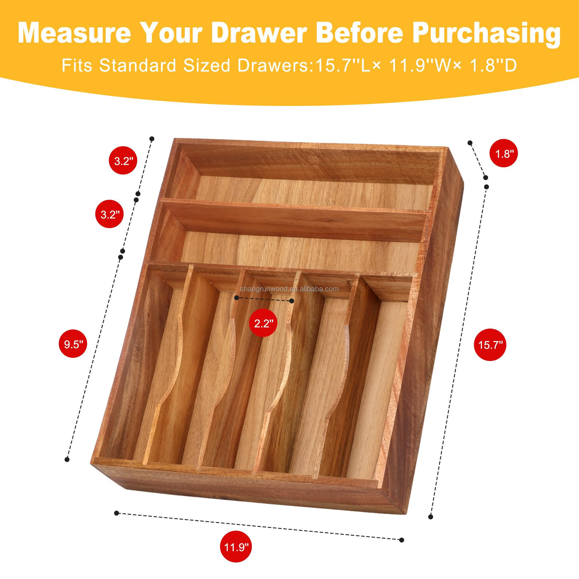 Kitchen Acacia Silverware 7 Slots Utensil Organizer Extra Deep Grooved Divider Drawer Schubladen Organizer