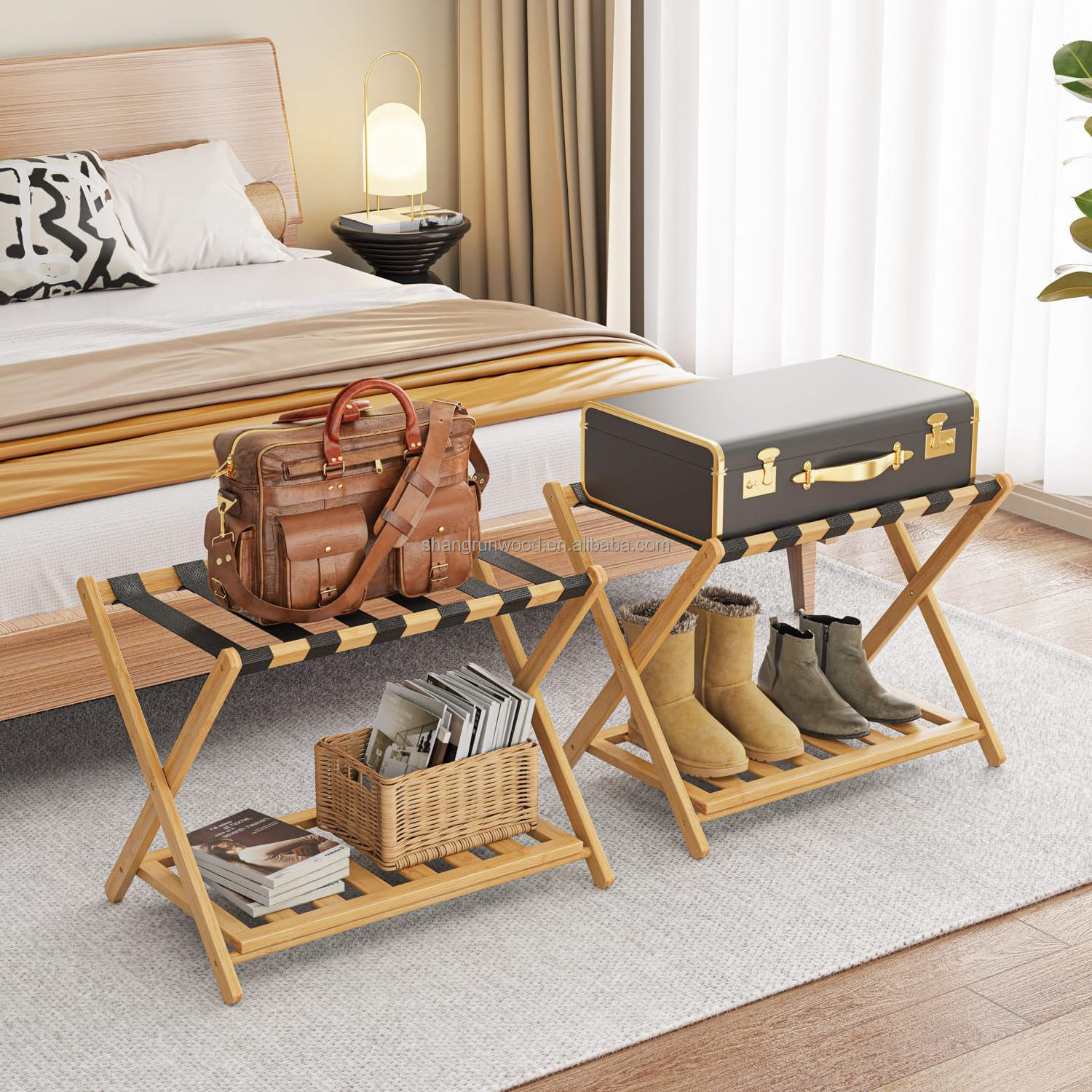 Natural Shoe Rack Storage Organizer Holders Racks Bamboo Thickened Folding Luggage Rack For Guest Room Bedroom Hotel