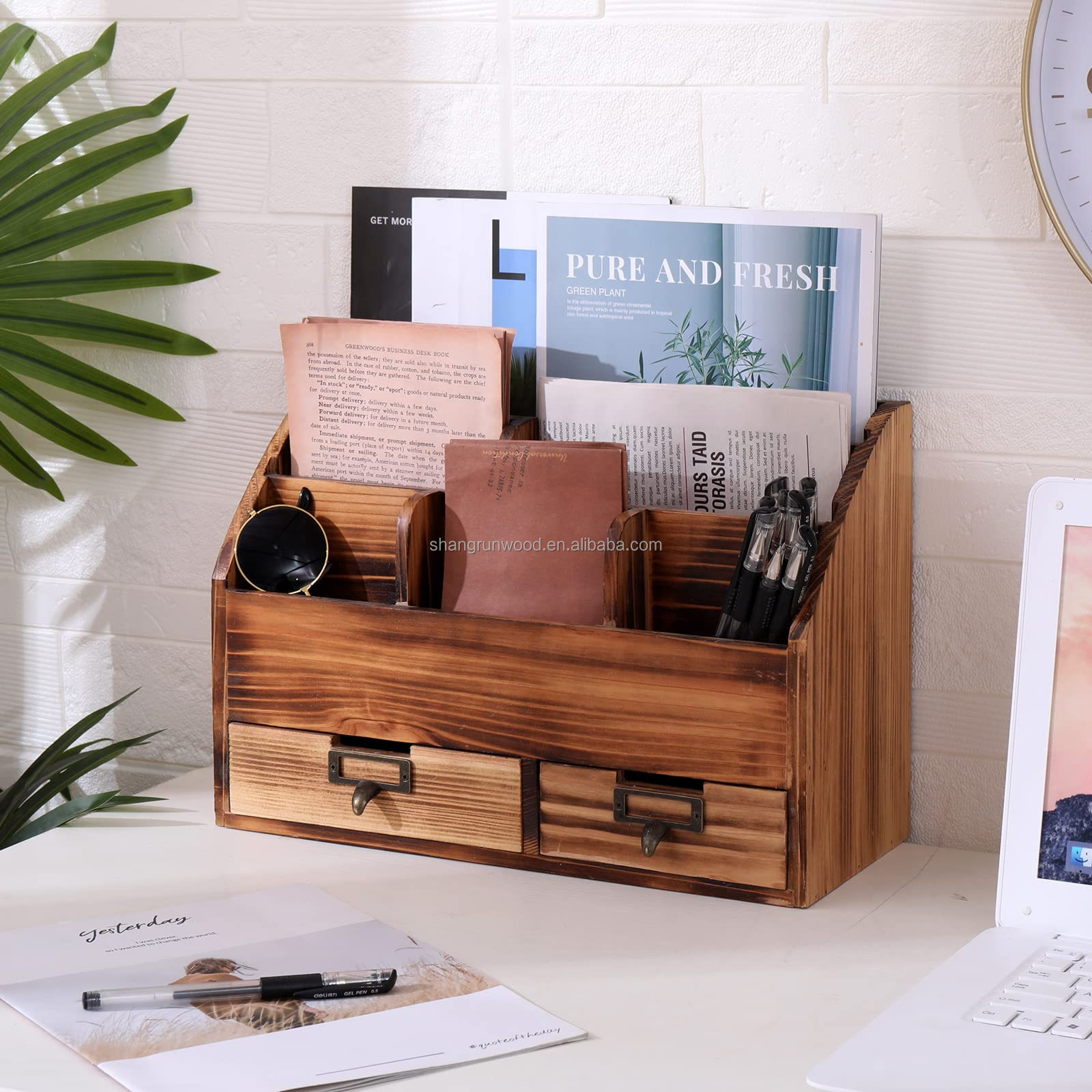 Wooden Desk Organizer Pencil Holder Cosmetic Storage Desk Box Desk Organizer Metal Pen Organizer Pencil Holder With 2 Drawer