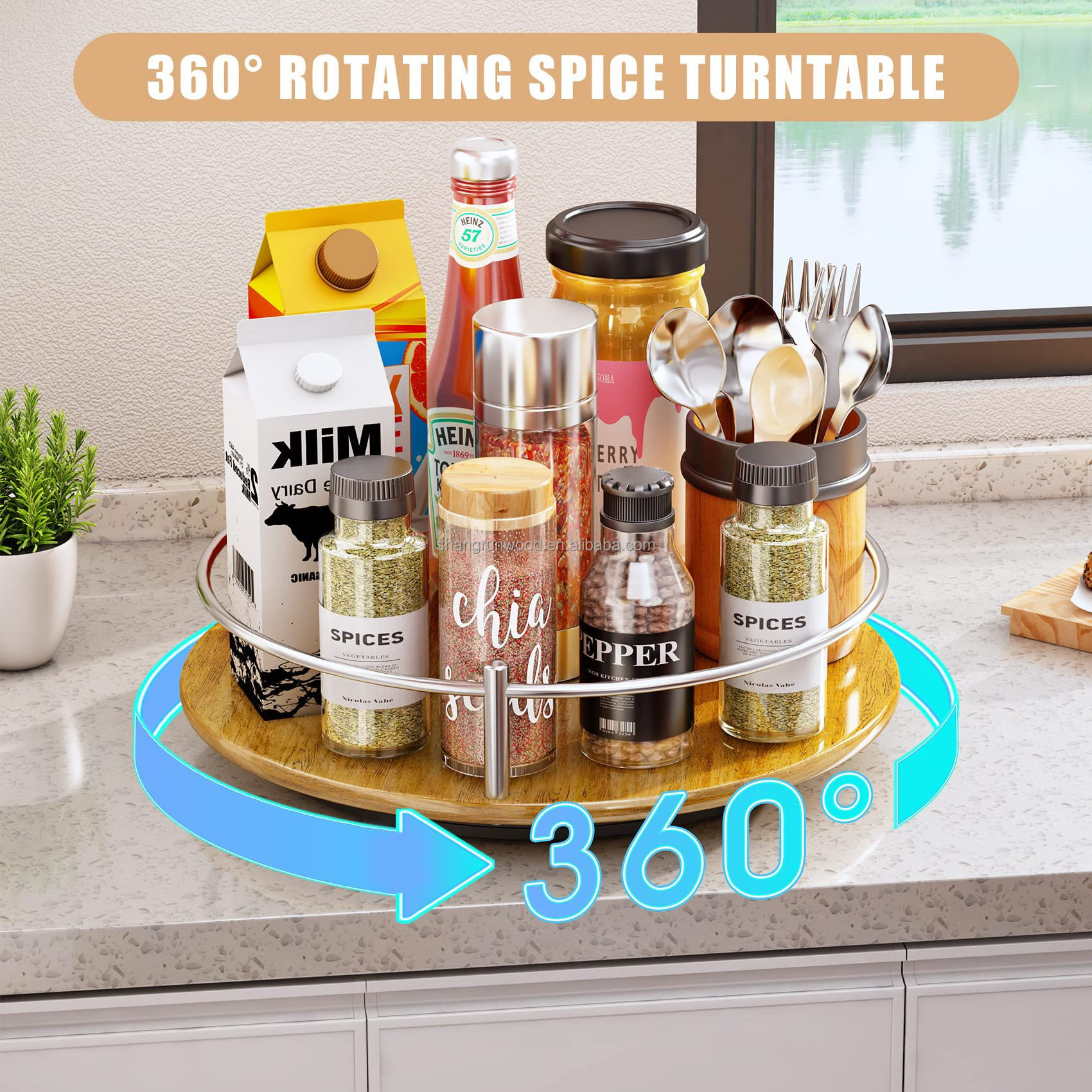 Kitchen Wood Revolving Spice Round Rack Rotating Turntable Organizer For Cabinet Pantry Kitchen Countertop Refrigerator Cupboard