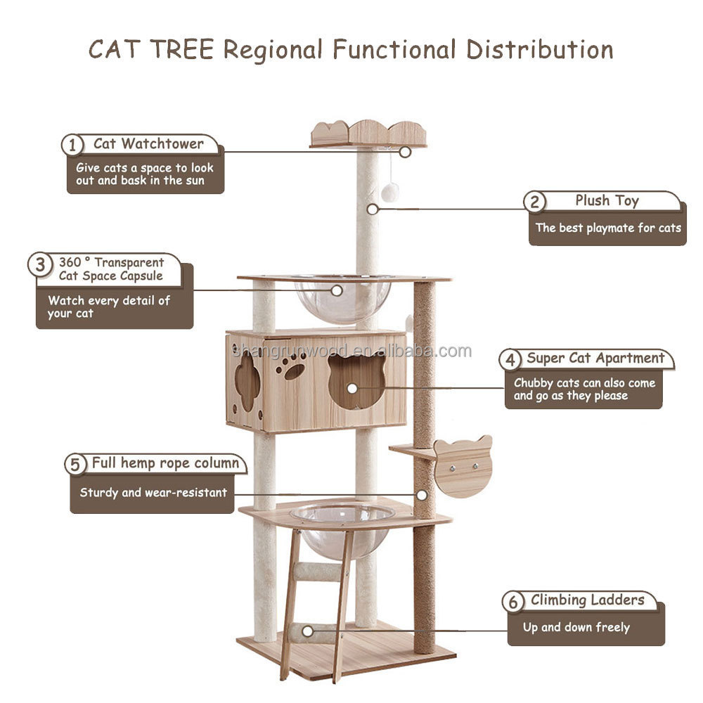 Factory Wholesale Tree Tower Houses Scratches Climbing Pet Condo Natural Sisal Wood Scratcher Furniture Solid Wood Cat Tree