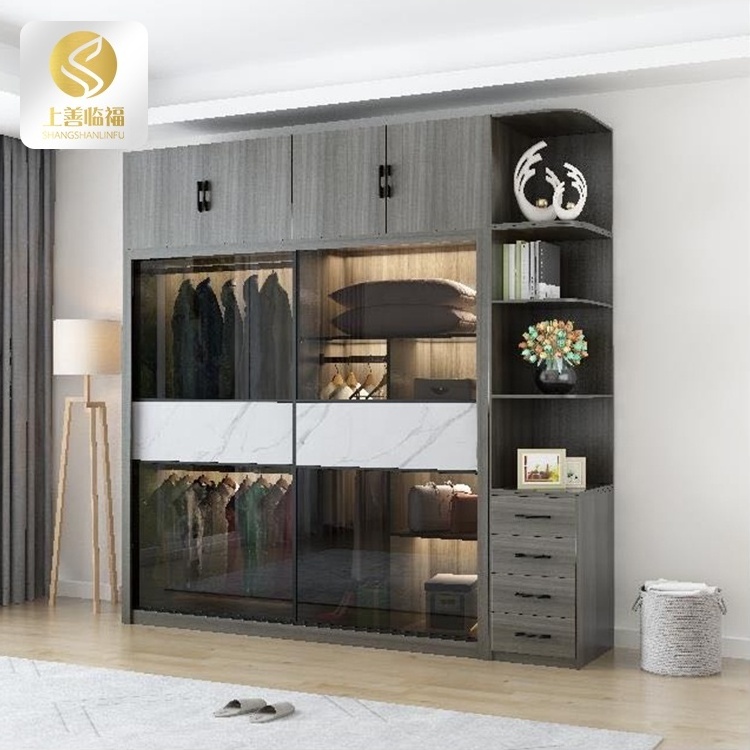 Modern sliding 2 doors grey wood grain wardrobe design High quality Tempered glass Triamine board wardrobe