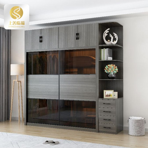 Modern sliding 2 doors grey wood grain wardrobe design High quality Tempered glass Triamine board wardrobe