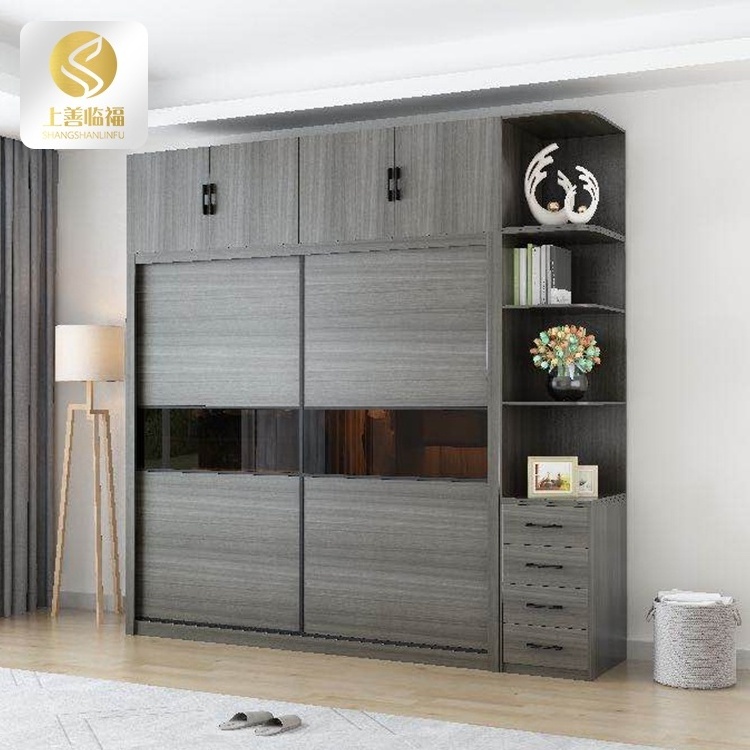 Modern sliding 2 doors grey wood grain wardrobe design High quality Tempered glass Triamine board wardrobe