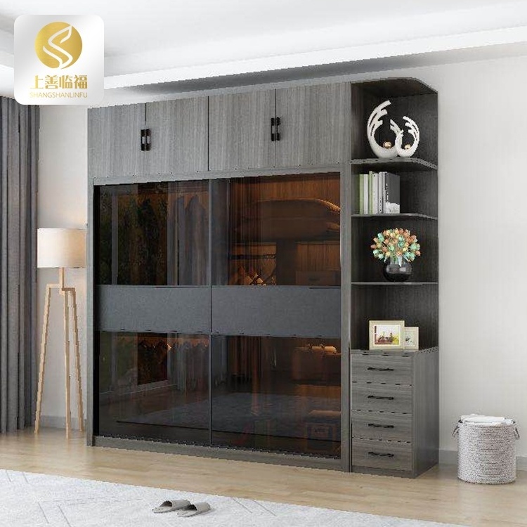 Modern sliding 2 doors grey wood grain wardrobe design High quality Tempered glass Triamine board wardrobe