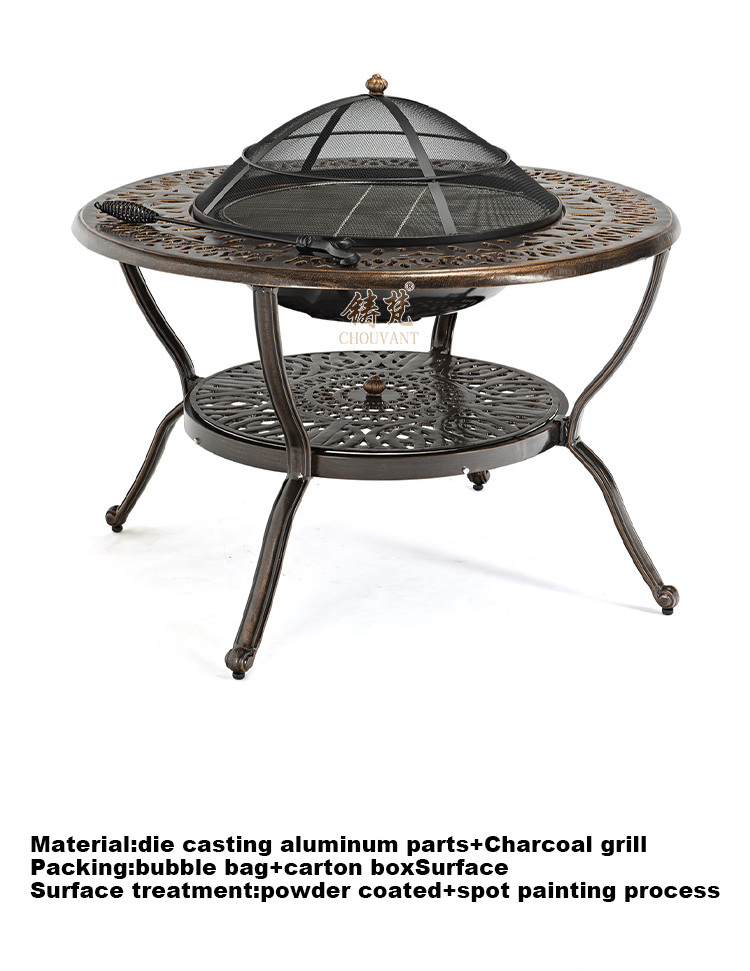 Waterproof easy clean outdoor aluminum die casting round dinning Picnic barbecue grill table bbq cast aluminum fire pit table