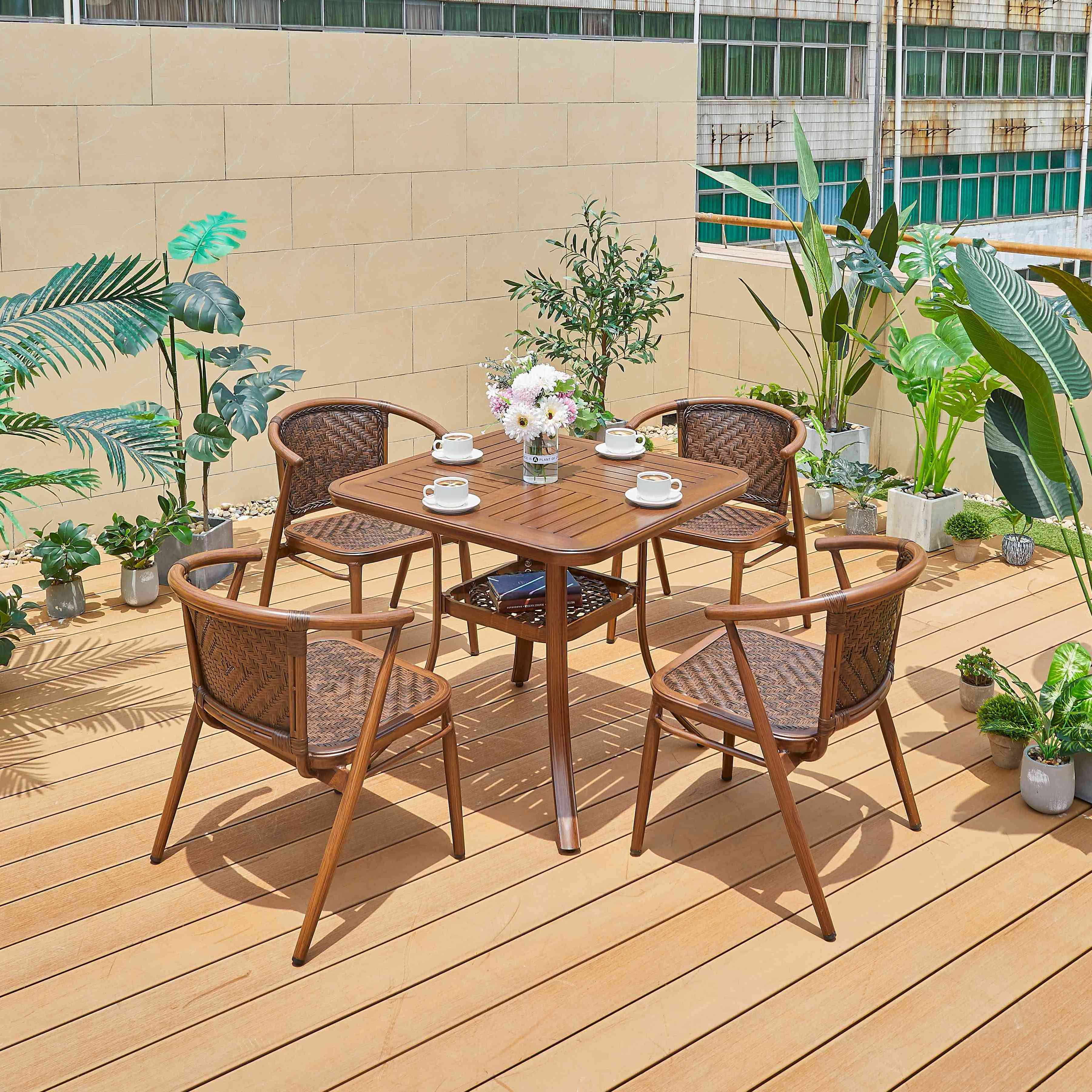 New Product Coffee Table Set Patio Furniture Aluminum Slat Table Wood Grain Metal Square Garden Bistro Outdoor for Restaurant