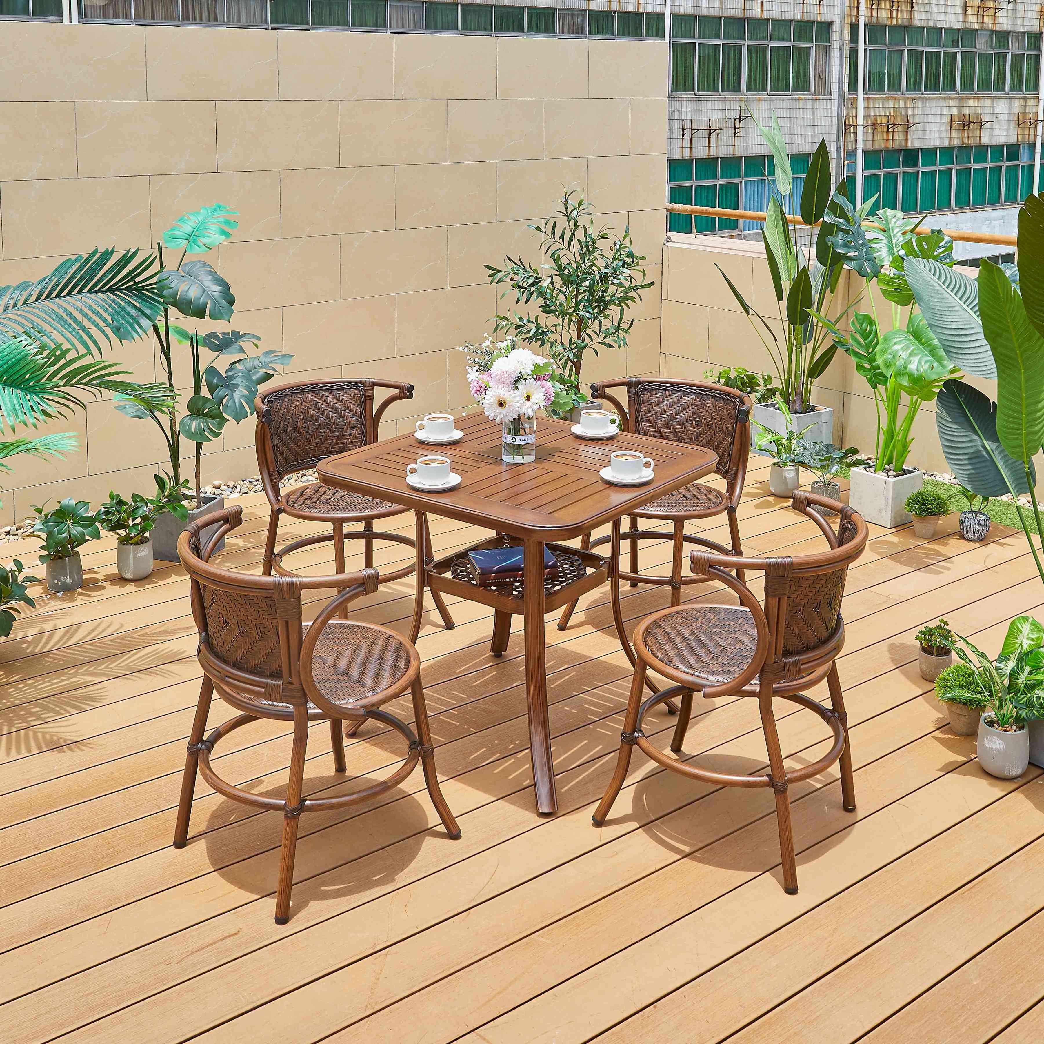 New Product Coffee Table Set Patio Furniture Aluminum Slat Table Wood Grain Metal Square Garden Bistro Outdoor for Restaurant