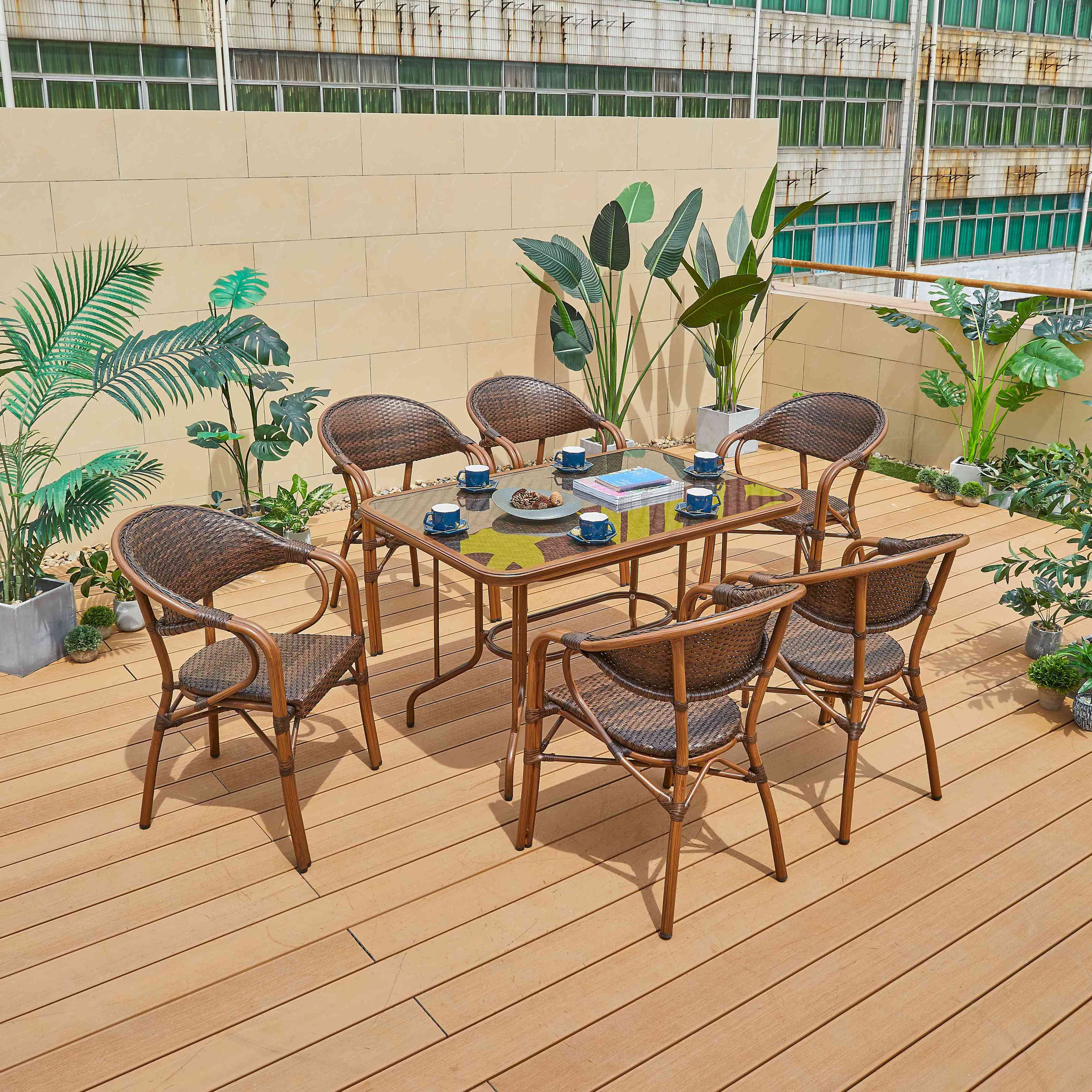 Outdoor PE aluminum  frame chair set terrace cafe restaurant wicker antique cane synthetic plastic rattan furniture