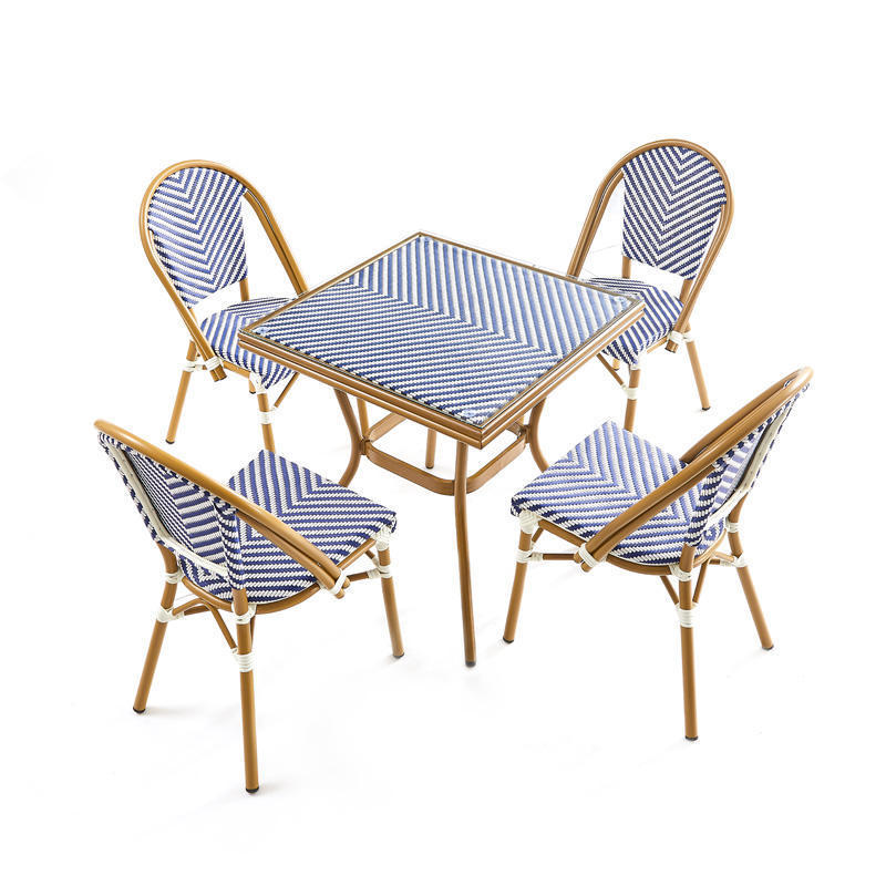 Modern Outdoor Furniture Garden Wood coating Aluminum Tube Blue and White Teslin Mesh fabric Dining Table and chairs