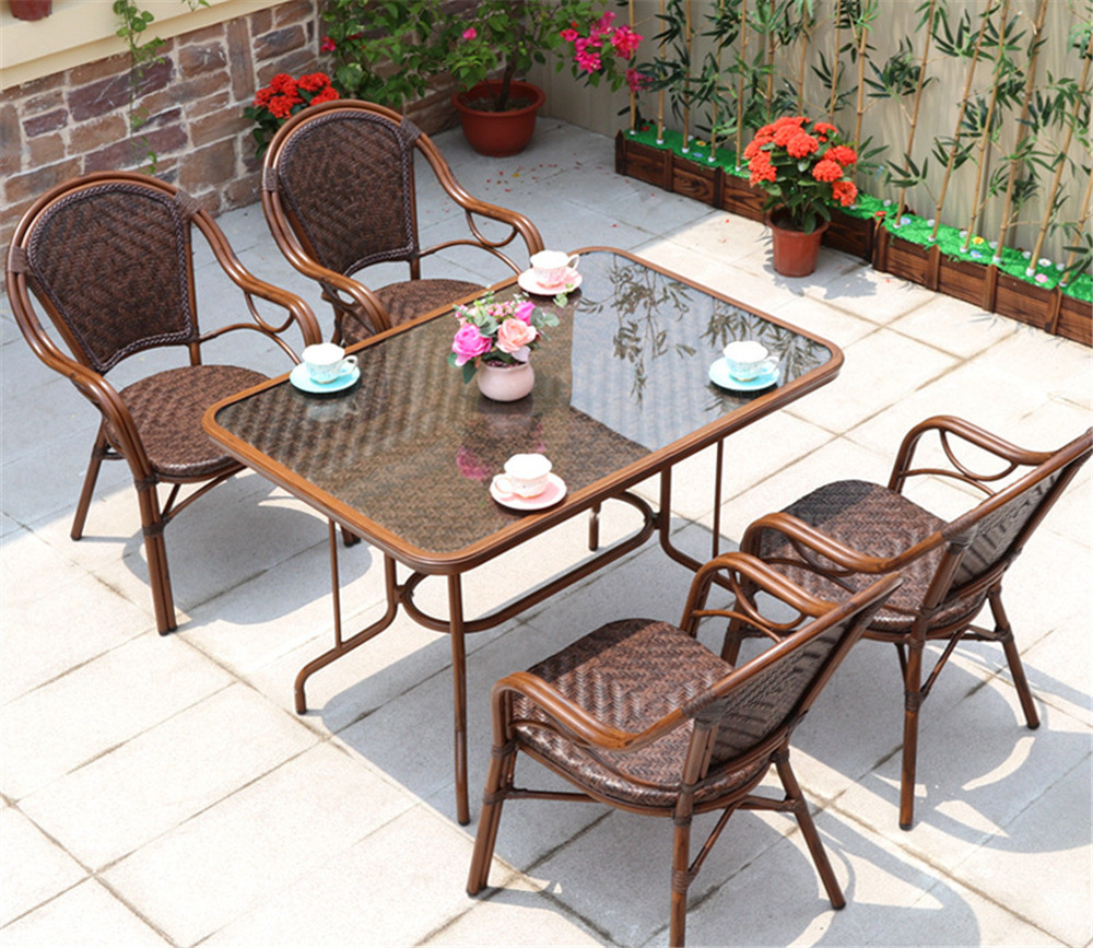 Outdoor PE aluminum  frame chair set terrace cafe restaurant wicker antique cane synthetic plastic rattan furniture