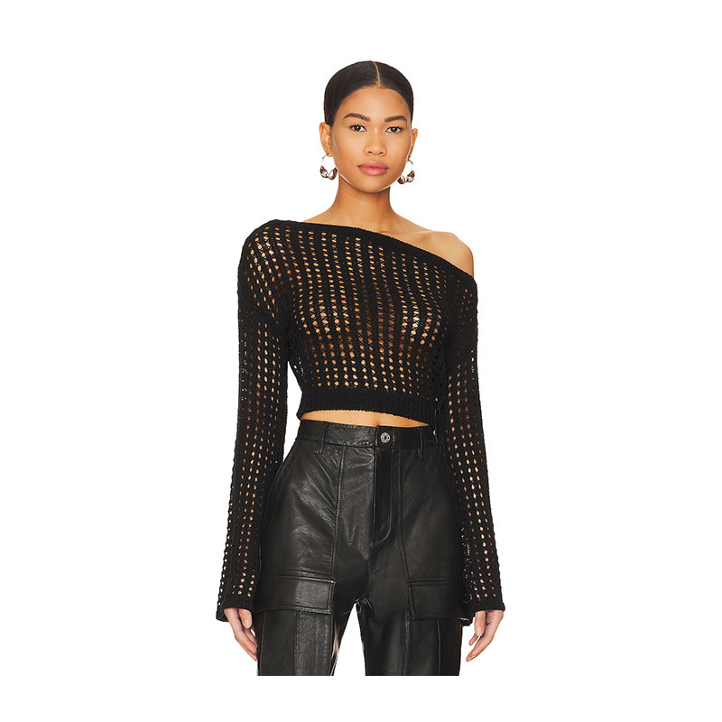 manufacturer OEM ODM Custom women's sexy solid slash neck knitted pullover crochet knit see through crop top