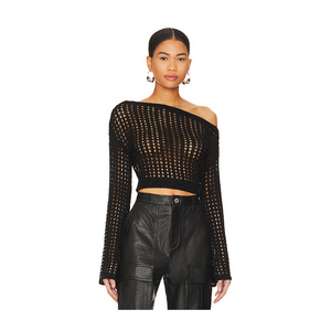 manufacturer OEM ODM Custom women's sexy solid slash neck knitted pullover crochet knit see through crop top