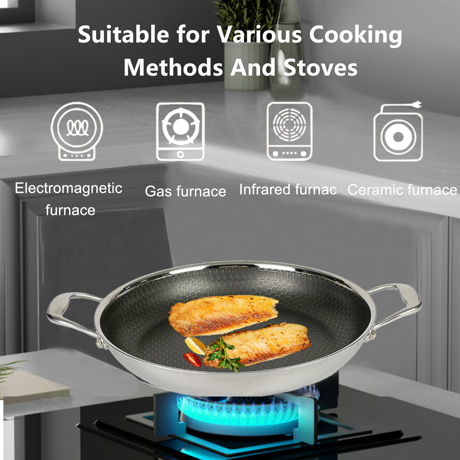 New Design Non Stick Eco-friendly PFOA Free Frying Pan 24cm Stainless Steel Seafood Kitchen Korean Hybrid Cooking Paella Pan