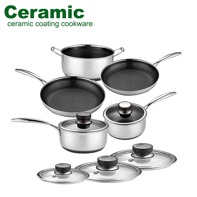 Hot Sale Bee Nest Wok Non-stick Pots And Pans Triply Stainless Steel Honeycomb Cookware Set Kitchen Cooking Pots With Glass Lid