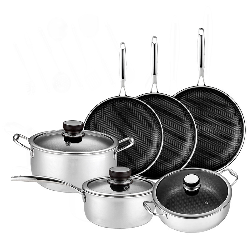 Shangwey Customizable Stainless Steel Kitchen Utensils Non Stick Cooking Pot Set With Glass Lid