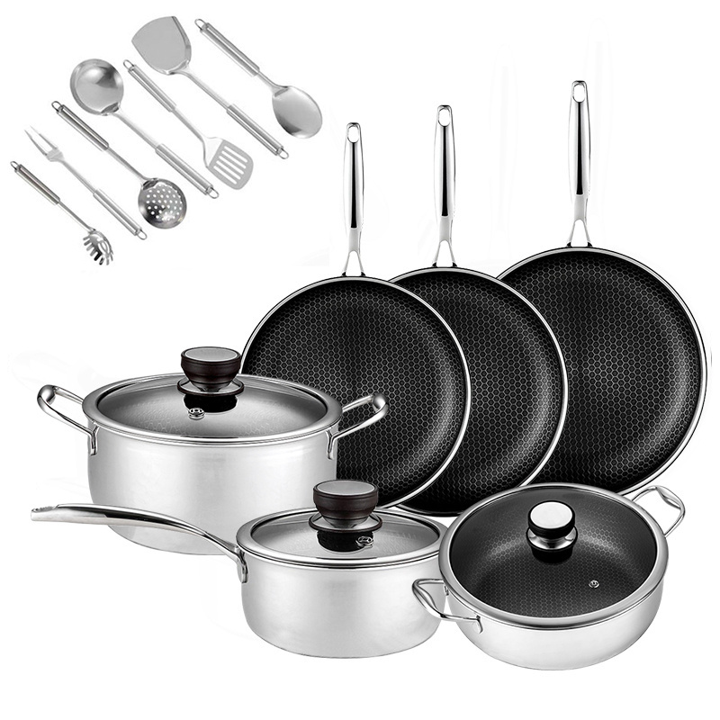 Shangwey Customizable Stainless Steel Kitchen Utensils Non Stick Cooking Pot Set With Glass Lid