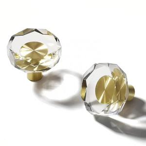 Glass Crystal Cabinet Knobs Octagonal Gold Brass Drawer Pulls