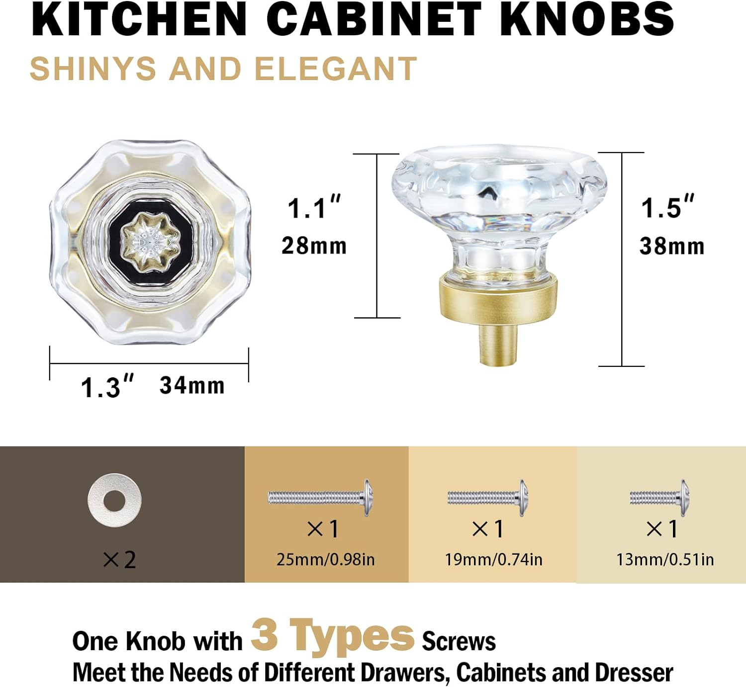 Gold crystal glass cabinet knobs satin brass pulls