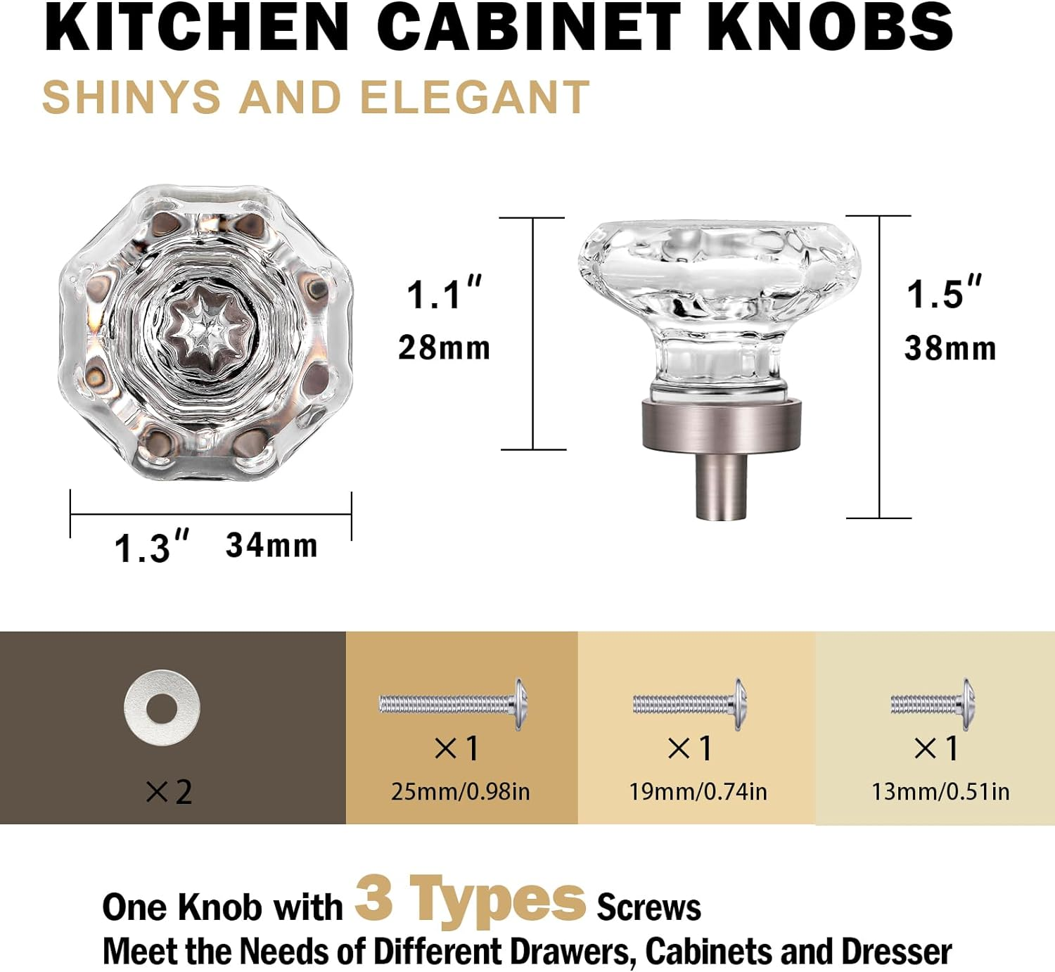 Glass Crystal Dresser Cabinet Knobs Brushed Nickel Pulls for Dresser Drawers