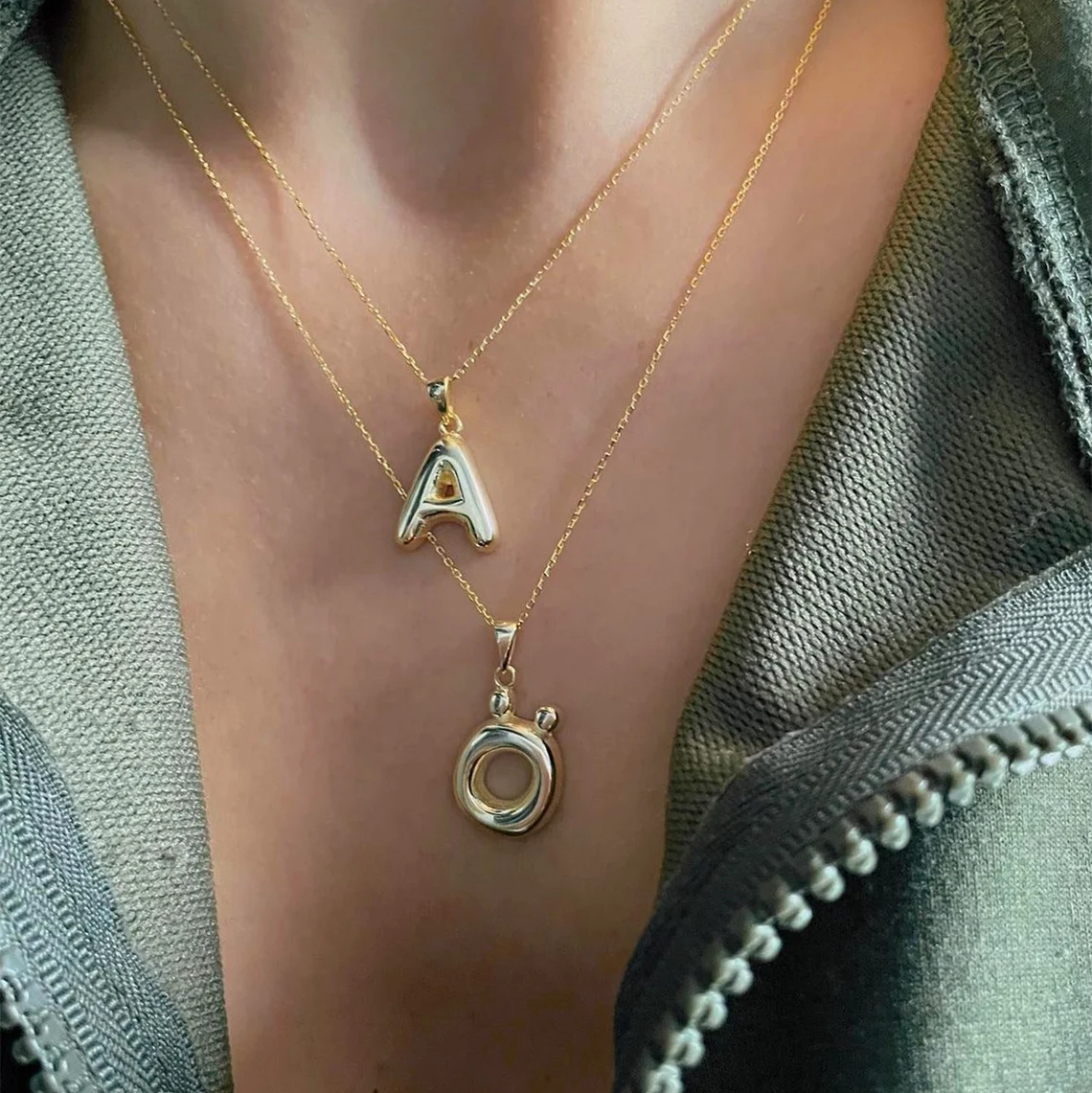 Personalized Custom Gold Plated Sterling Silver 925 Initial Alphabet Pendant Bubble Balloon Letter Necklace