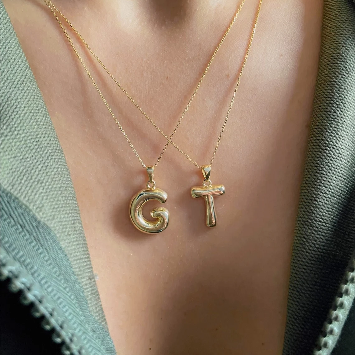 Personalized Custom Gold Plated Sterling Silver 925 Initial Alphabet Pendant Bubble Balloon Letter Necklace