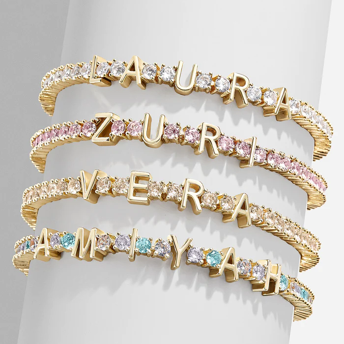 Personalized Adjustable 5A Cubic Zirconia Custom Initial Alphabet 925 Sterling Silver Gold Plated Letter Tennis Bracelets